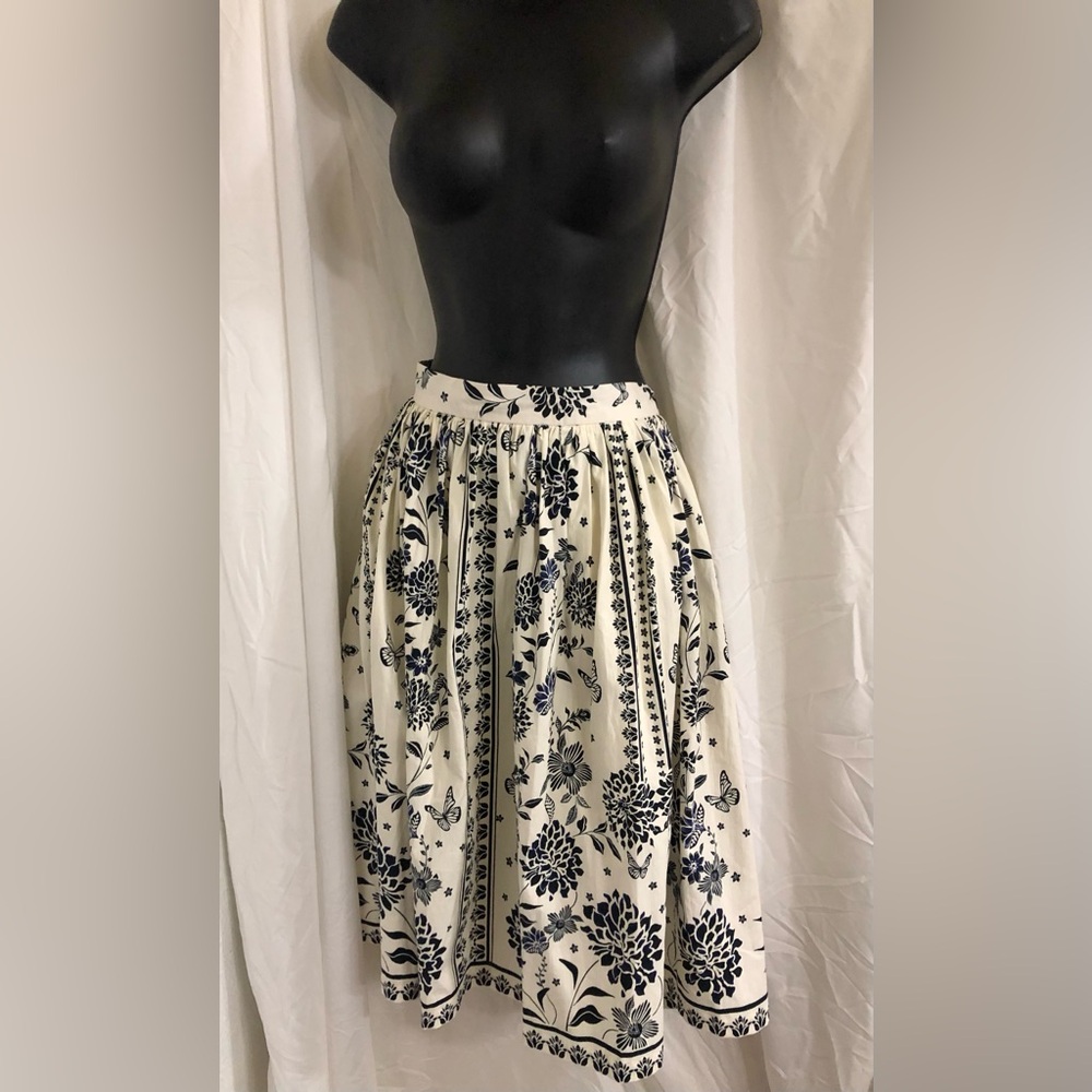 Avec Les Filles ivory black floral print retro vintage style midi skirt size XL
